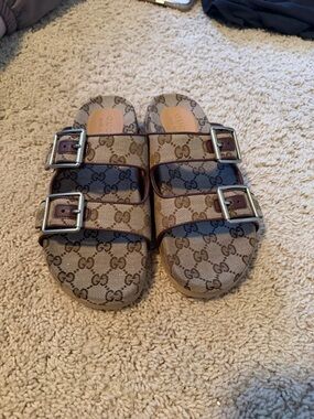 Gucci Brown Beige GG Monogram Double-Buckle Slides